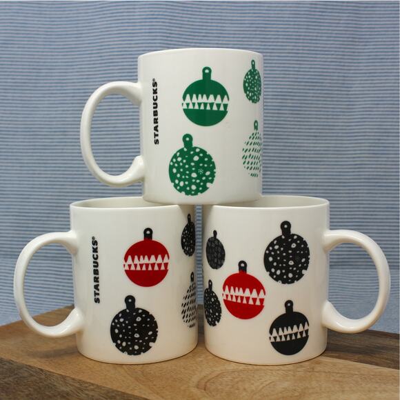 Set of 3 Starbucks Coffee Mugs Christmas Holiday Ornaments 12oz 2016